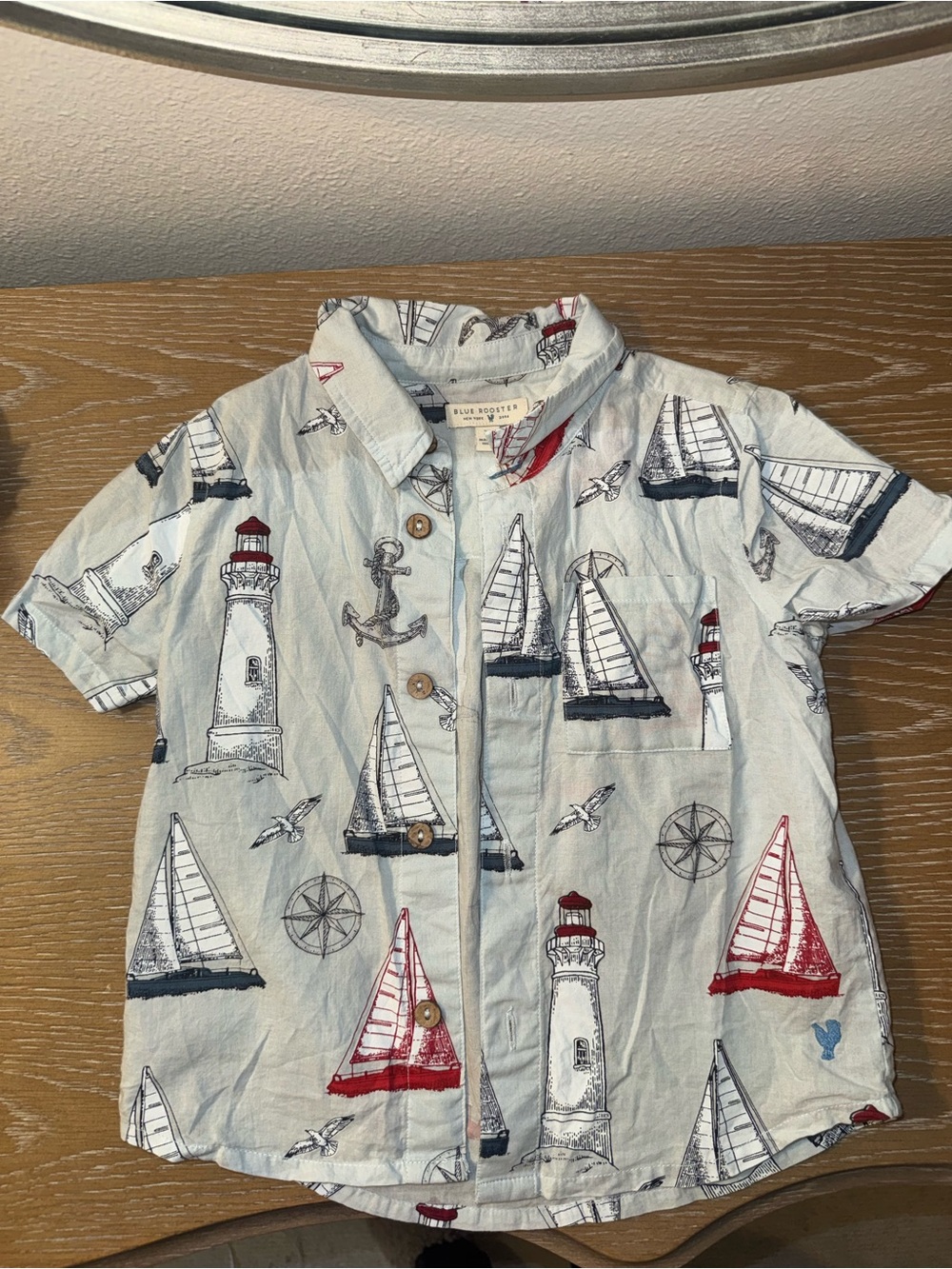 Blue Rooster Collection Light Blue Nautical Sailboat & Lighthouse Button-Up